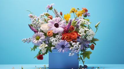 A bunch of fresh, blooming flowers placed in box