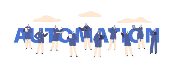 Scientist Characters In Lab Coats Utilize Cutting-edge Automation, Employing Advanced Gadgets, Vector Poster