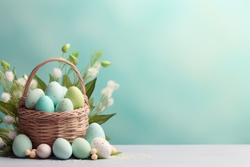 array of Easter decorations and a charmingly adorned basket - obrazy, fototapety, plakaty