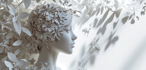 An enchanting paper cutout woman set against a beautiful white background.