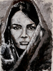 Black and white oil painting of a portrait of a young woman in a headscarf