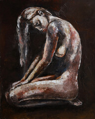 Oil painting of a naked girl sitting on the floor in the dark
