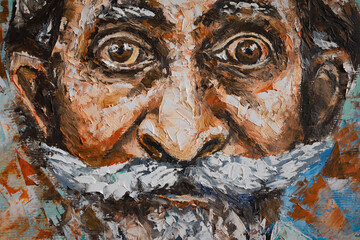 Old man with a mustache - illustration. Detailed painting of an old surprised man with a mustache and beard, oil painting.