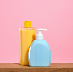 Skincare in bathroom. Coloful bathing products on a wooden table.