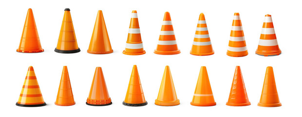 Set of 3d realistic traffic cones on isolate transparency background, PNG