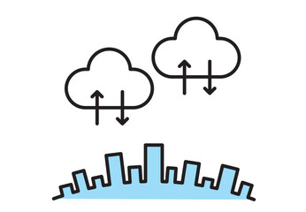 都市部でクラウド上のデータをやり取りするイメージのアイコン