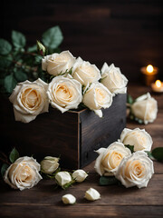 Gift box with white roses on a dark wooden background. 