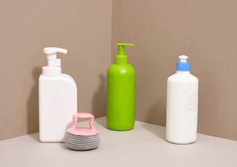 Washing dishes and household. Cleaners and abrasive sponge.