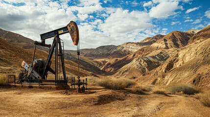 Very old Rusty Unused Oil Pump in a rough Landscape early in the Morning Wallpaper Background Backdrop Poster Card