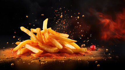 French fries with flying ingredients and spices hot ready to serve and eat. Food commercial advertisement. Menu banner with copy space area - obrazy, fototapety, plakaty