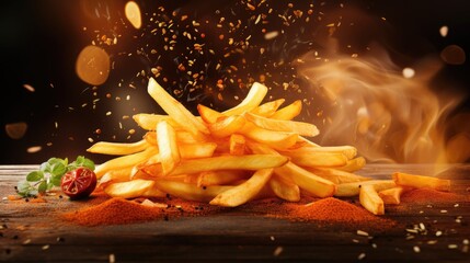 French fries with flying ingredients and spices hot ready to serve and eat. Food commercial advertisement. Menu banner with copy space area - obrazy, fototapety, plakaty