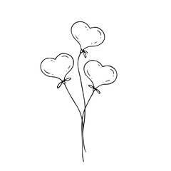Linear sketch, doodles of balloons of hearts. Vector graphics.