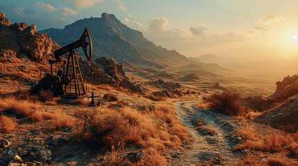 Very old Rusty Unused Oil Pump in a rough Landscape early in the Morning Wallpaper Background Backdrop Poster Card
