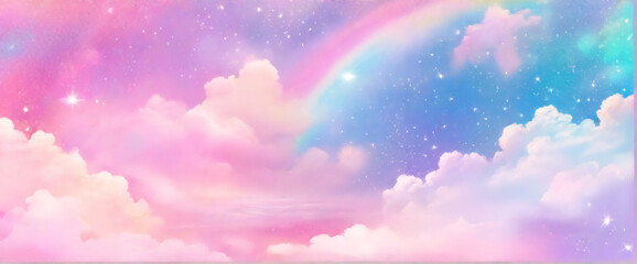 Rainbow unicorn pastel background with glitter stars. Pink fantasy sky. Holographic space with bokeh. Fairy iridescent gradient backdrop. Vector - obrazy, fototapety, plakaty
