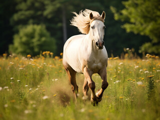Obraz na płótnie Canvas A beautiful horse freely running across a picturesque meadow, creating a sense of grace and freedom.