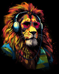 Portrait of a jamaica rasta lion in sunglasses and headphones t-shirt design