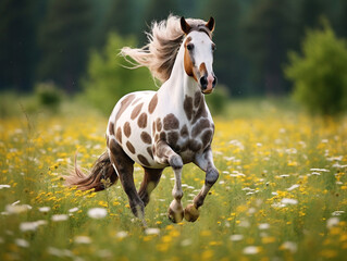 A beautiful horse with flowing mane and tail, running freely in a vibrant green meadow.