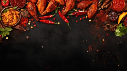Barbeque with flying ingredients and spices hot ready to serve and eat. food commercial advertisement. menu banner with copy space area. Grill food