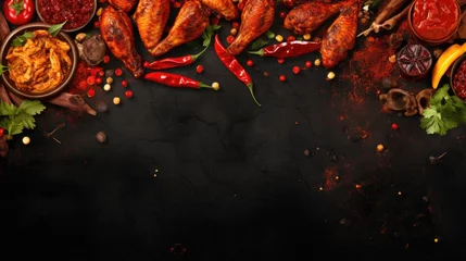Fotobehang Barbeque with flying ingredients and spices hot ready to serve and eat. food commercial advertisement. menu banner with copy space area. Grill food © Ilmi
