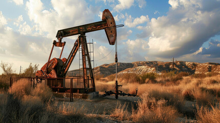 Very old Rusty Unused Oil Pump in a rough Landscape early in the Morning Wallpaper Background Backdrop Poster Card