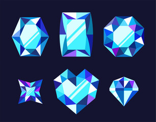 Cartoon Blue Gemstones Game Assets. Exquisite, Sparkling Jewels With Captivating Hues. Visually Enchanting Sapphires Set