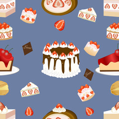 Seamless pattern of dessert cake on blue background for background and texture concept 