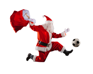 santa claus runs fast with a soccerball in a football match