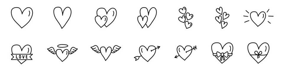 Hand drawn hearts. Set of hearts icons for Valentine's Day. Vector