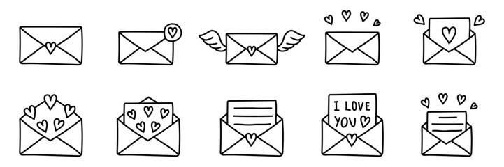 Set of envelopes with hearts. Love letters. Valentine's day icons