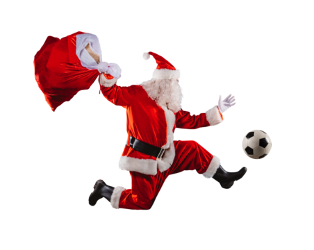 santa claus runs fast with a soccerball in a football match
