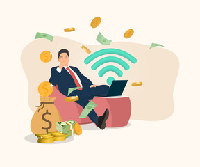 Young businessman working online or doing online business making money for him, passive income. Vector illustration, business concept, finance, investment, online business.