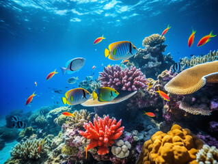Naklejka na ściany i meble A vibrant school of tropical fish gracefully swim in the coral reef's crystal-clear waters.