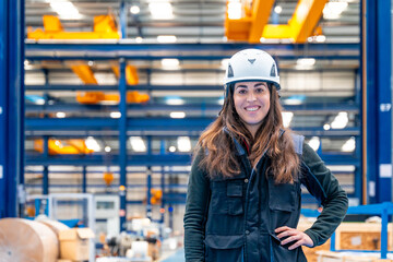Smiling woman with protective gear standing in a logistic center