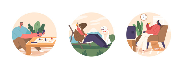 Isolated Vector Round Icons Or Avatars With Cartoon Characters Rest on Weekends. People Unwind And Rejuvenate