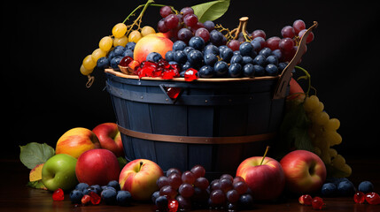 berries in a bucket of blueberries and apples