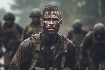 Fotobehang soldier with face totally covered in dirt and an intense gaze standing in front of comrades-in-arms © Artem Zatsepilin