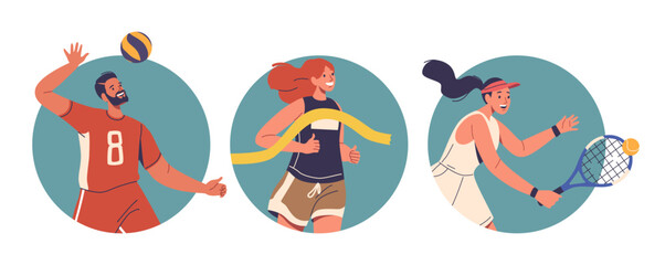 Isolated Vector Round Icons Or Avatars With Cartoon Summer Sport Athlete Characters, Embody Strength, Agility
