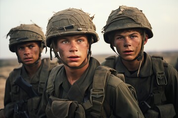 three young caucasian soldiers in helmets and retro military uniform. world war