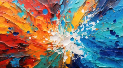 Colorful abstract paint swirls in orange and blue hues.