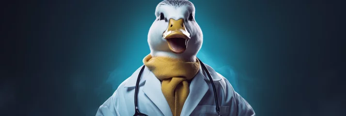 Foto op Canvas Obese doctor duck wearing a bright doctors coat, poster, Quack medical concept. Fake Surgeon © MD Media