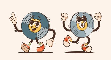 Vinyl Disks Characters In Retro Cartoon Style. Vibrant, Whimsical Figures, Embodying Classic Audio Personages, Vector