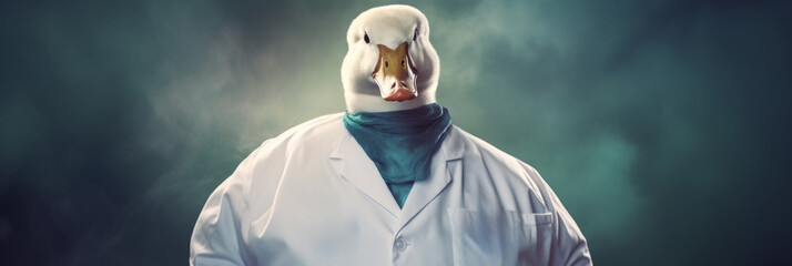 Obese doctor duck wearing a bright doctors coat, poster, Quack medical concept. Fake Surgeon - obrazy, fototapety, plakaty