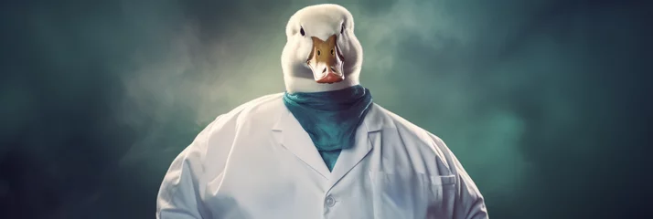 Rolgordijnen Obese doctor duck wearing a bright doctors coat, poster, Quack medical concept. Fake Surgeon © MD Media