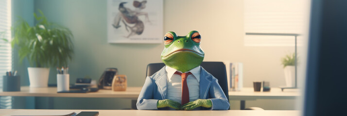 Frog business man, reptile director. Happy looking. Cunning and untrustworthy a slippery character.