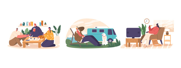 Obraz premium Characters Rest On Weekends, People Unwind And Rejuvenate, Indulging In Leisure Activities, Spending Time