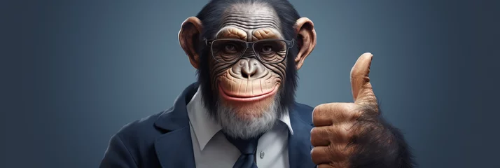 Gordijnen Chimp monkey businessman giving thumbs up. in a stylish classic suit in the office, animal boss in human body, entrepreneur © MD Media