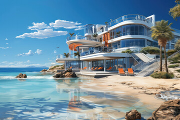 Modern hotel on the ocean or the sea. Beach holidays, summer vacation