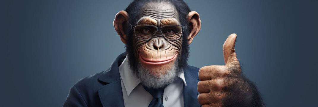 Chimp monkey businessman giving thumbs up. in a stylish classic suit in the office, animal boss in human body, entrepreneur
