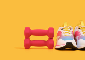 Two pink dumbbells and athletic sneakers on a yellow background. Copy space for text. Colorful sports composition.
