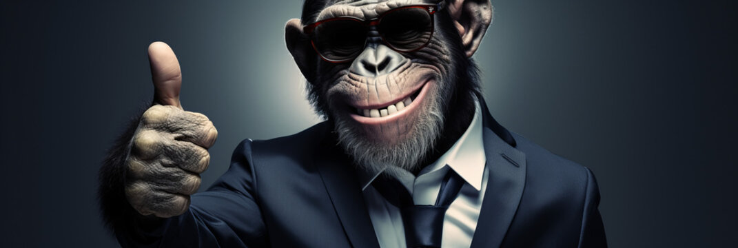 Chimp monkey businessman giving thumbs up. in a stylish classic suit in the office, animal boss in human body, entrepreneur